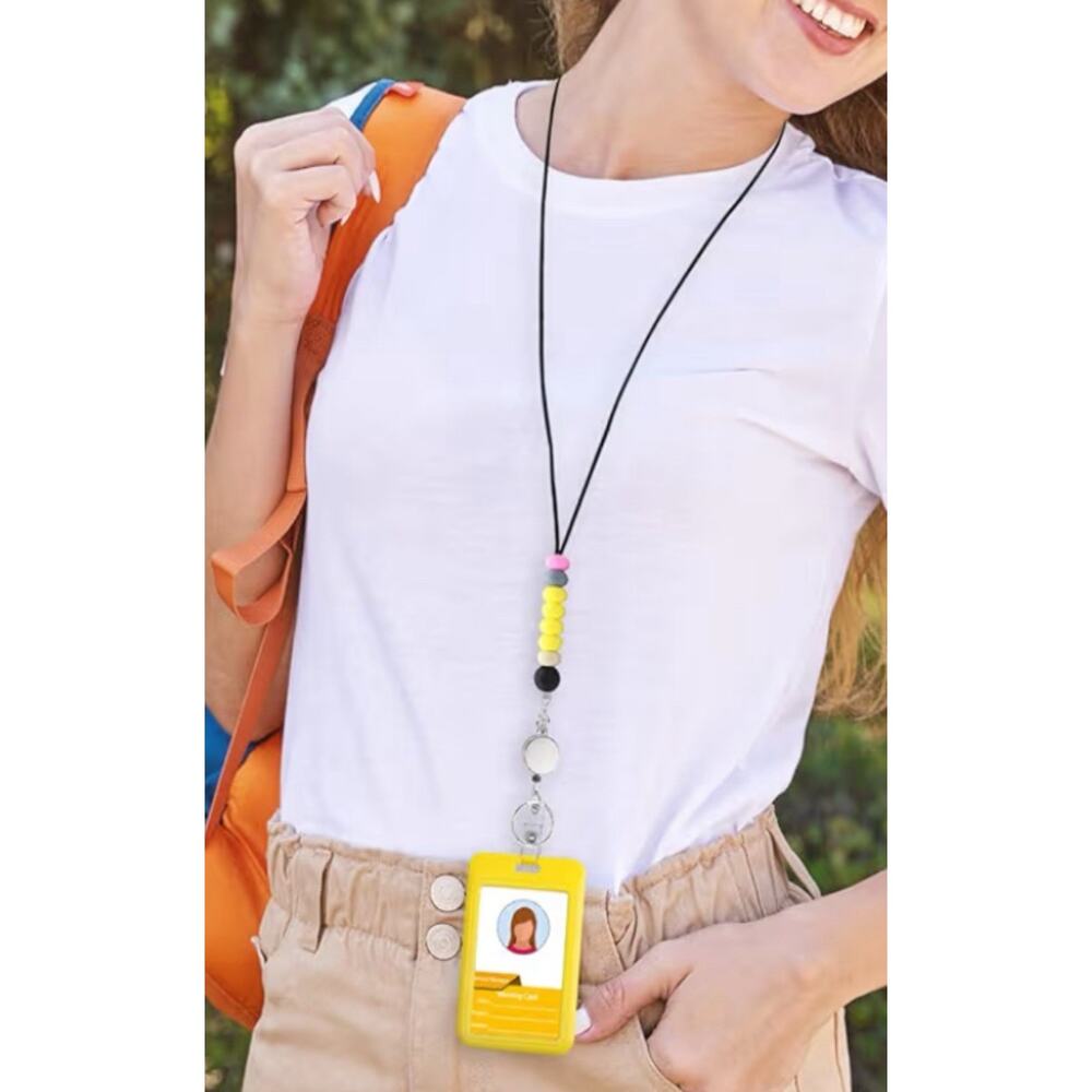 Colorful ID Badge Holder with Silicone Beads Lanyard Set, Yellow